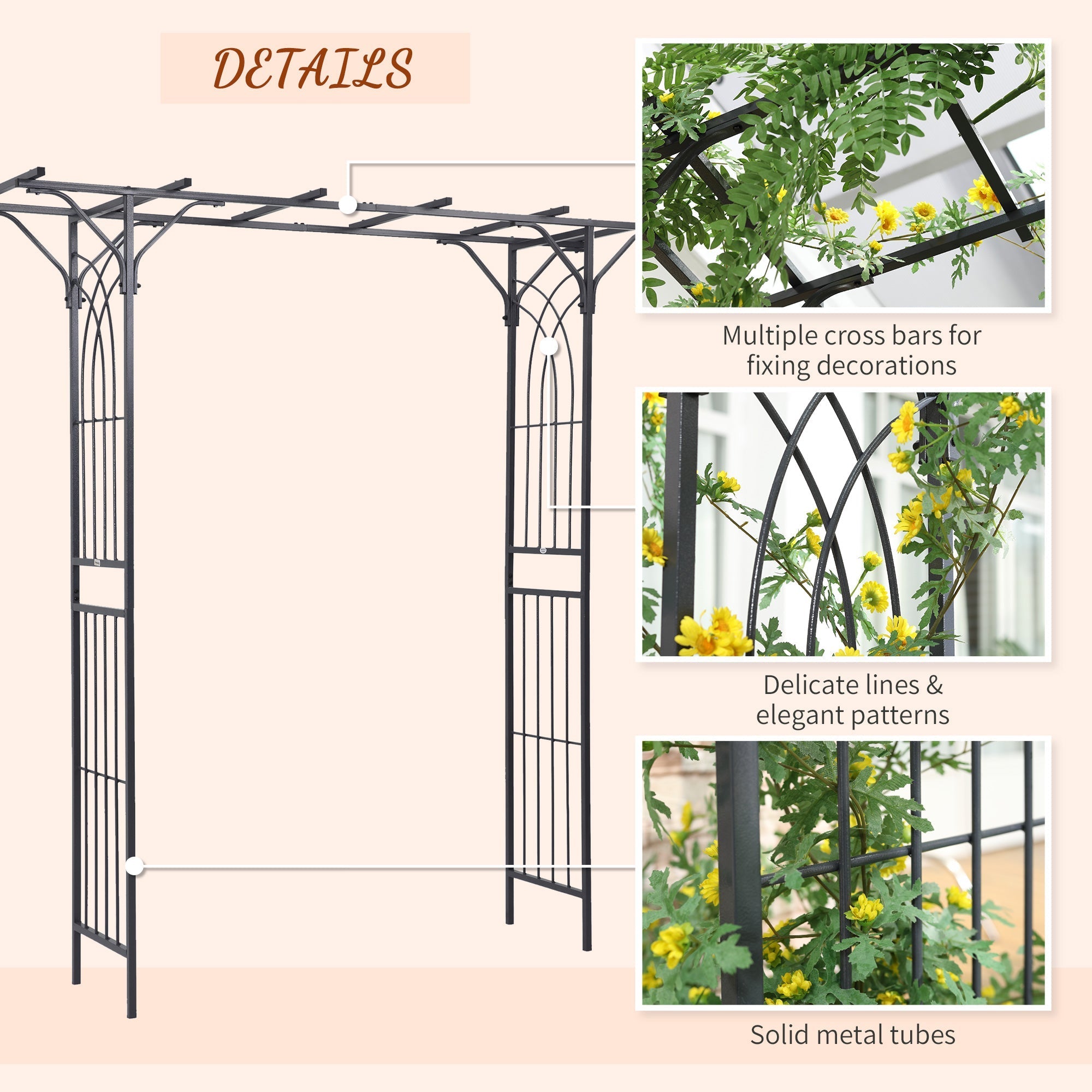 Black wrought iron garden arbor with elegant scrollwork and durable steel tubing perfect for climbing vines and rustic charm