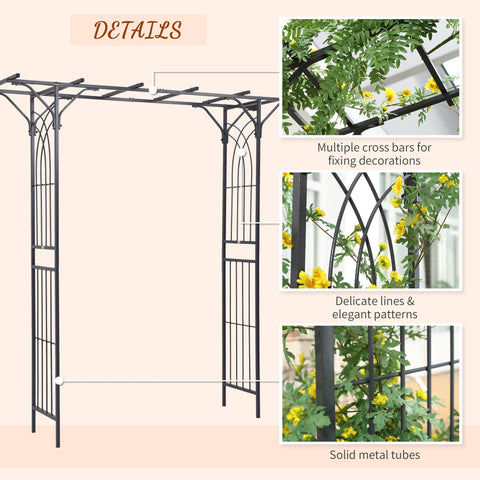 Black wrought iron garden arbor with elegant scrollwork and durable steel tubing perfect for climbing vines and rustic charm
