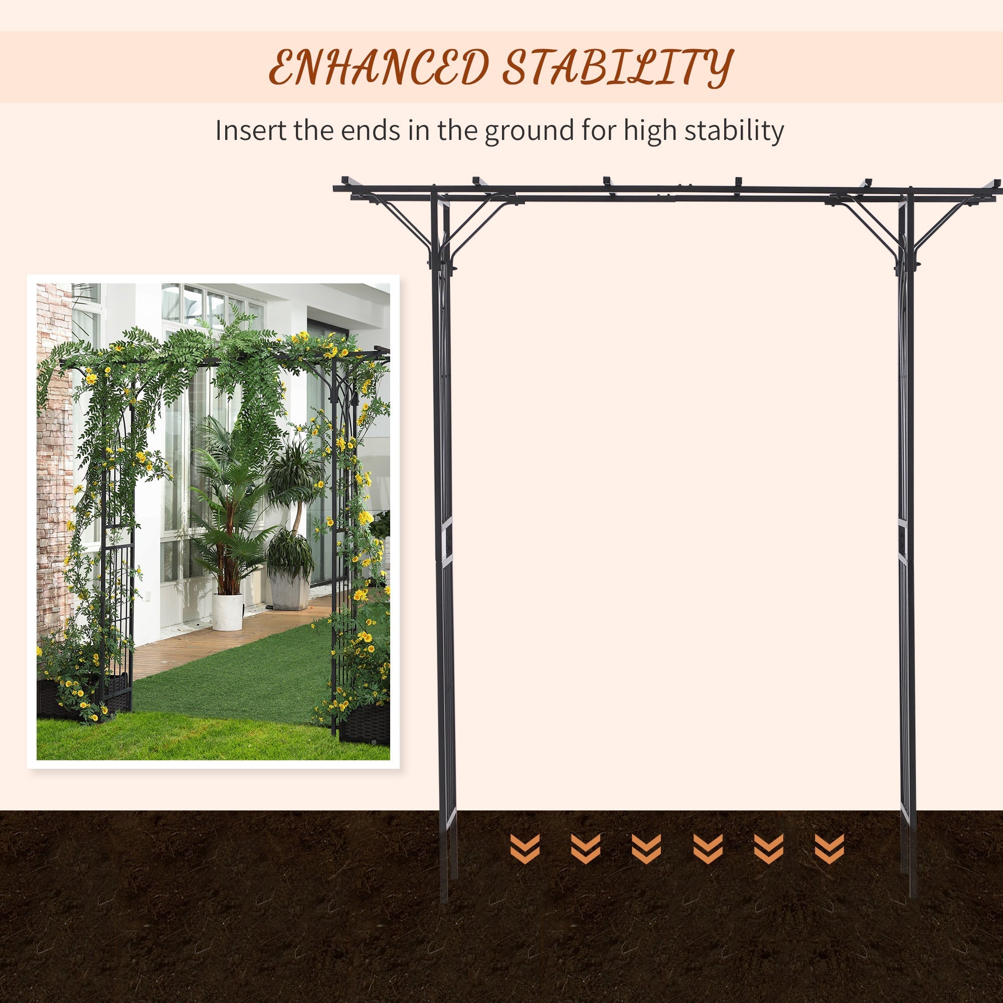 Black metal garden arbor with elegant scrollwork and durable steel tubing perfect for climbing vines and rustic charm