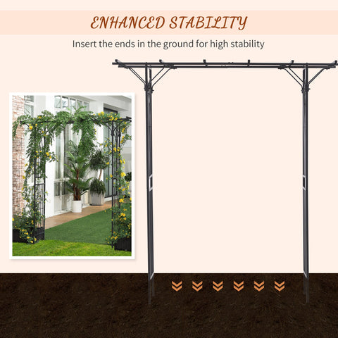 Black metal garden arbor with elegant scrollwork and durable steel tubing perfect for climbing vines and rustic charm