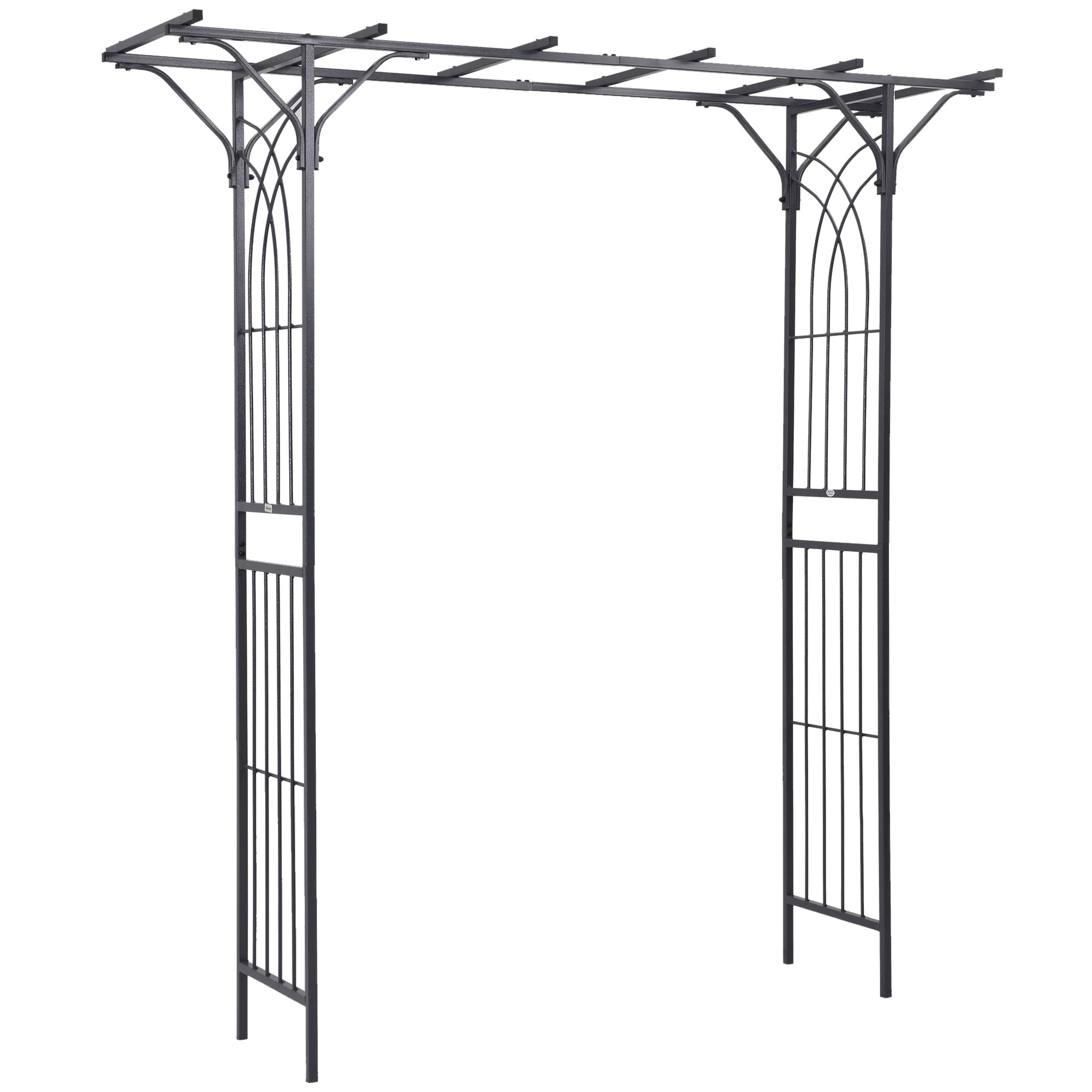 Black wrought iron Outsunny garden arbor with elegant scrollwork and sturdy steel tubing for climbing vines and rustic charm