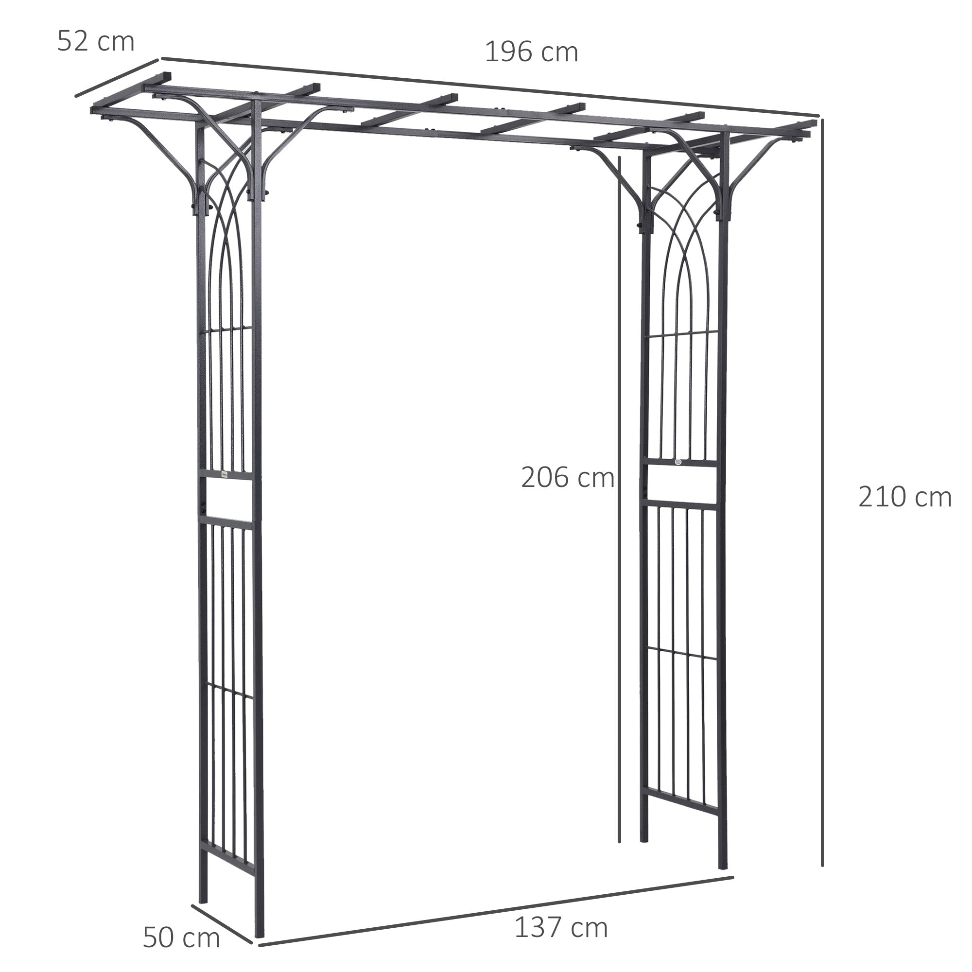 Black wrought iron garden arbor with elegant scrollwork and durable steel tubing perfect for climbing vines and rustic charm