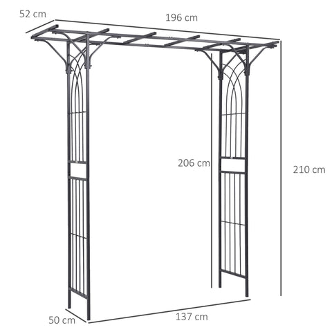 Black wrought iron garden arbor with elegant scrollwork and durable steel tubing perfect for climbing vines and rustic charm