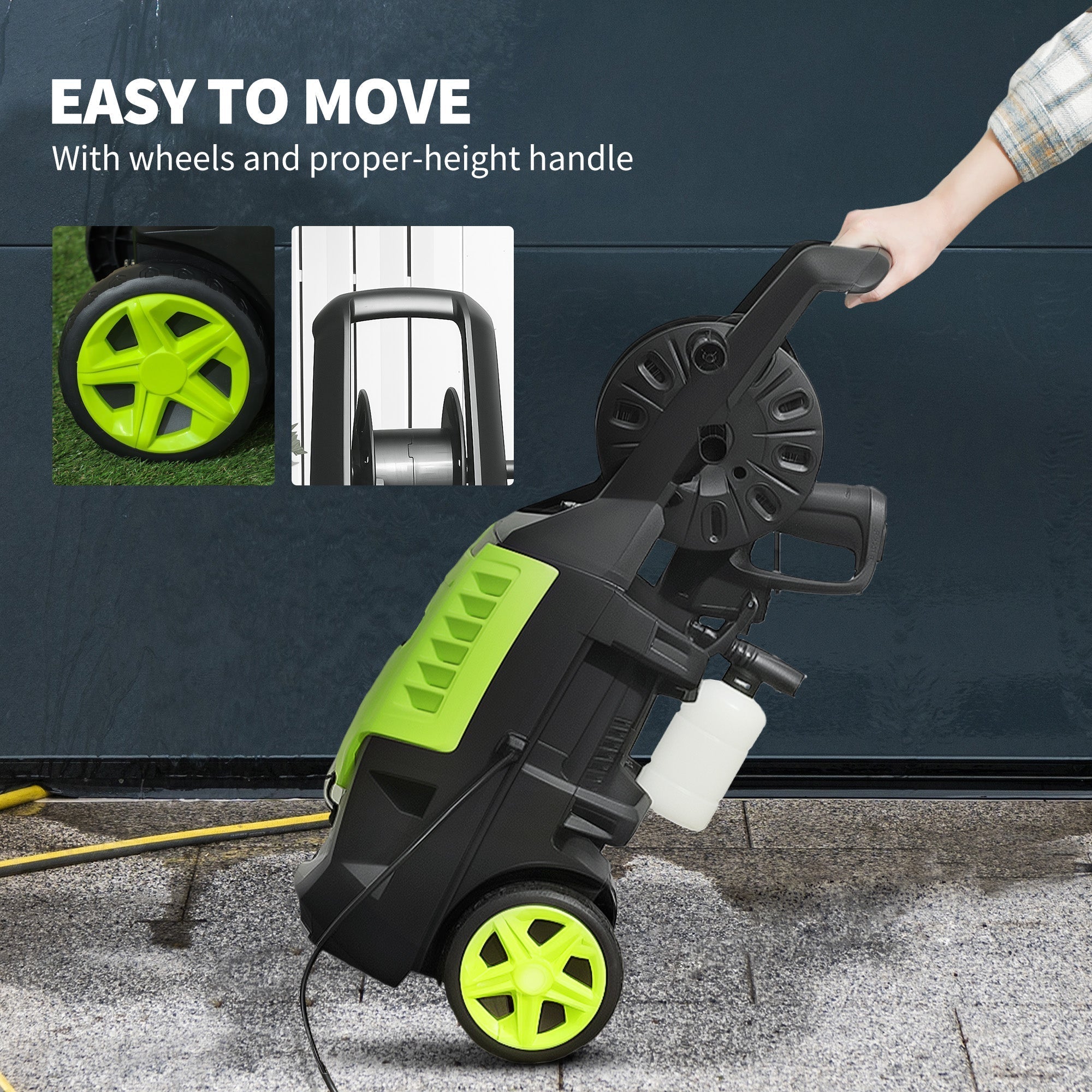 Outsunny black and lime green electric pressure washer with 170 bar pressure spray gun and spray gun holder on neon wheels