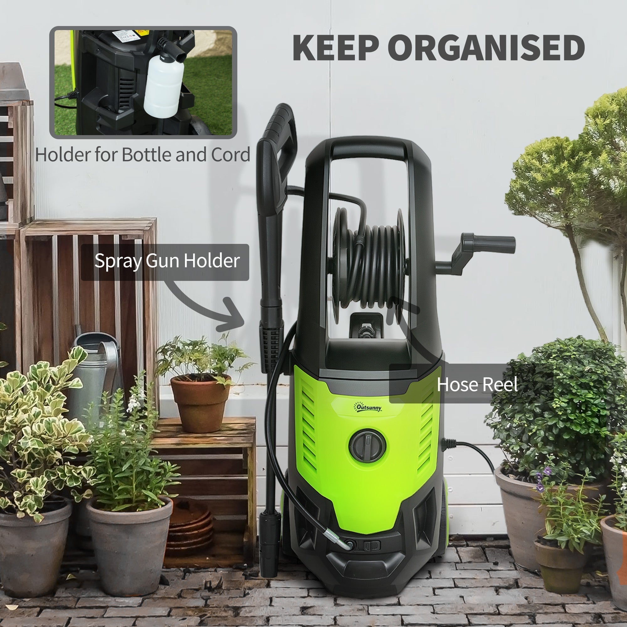 Outsunny 2200w green black pressure washer with hose reel spray gun holder and 170 bar pressure for home use