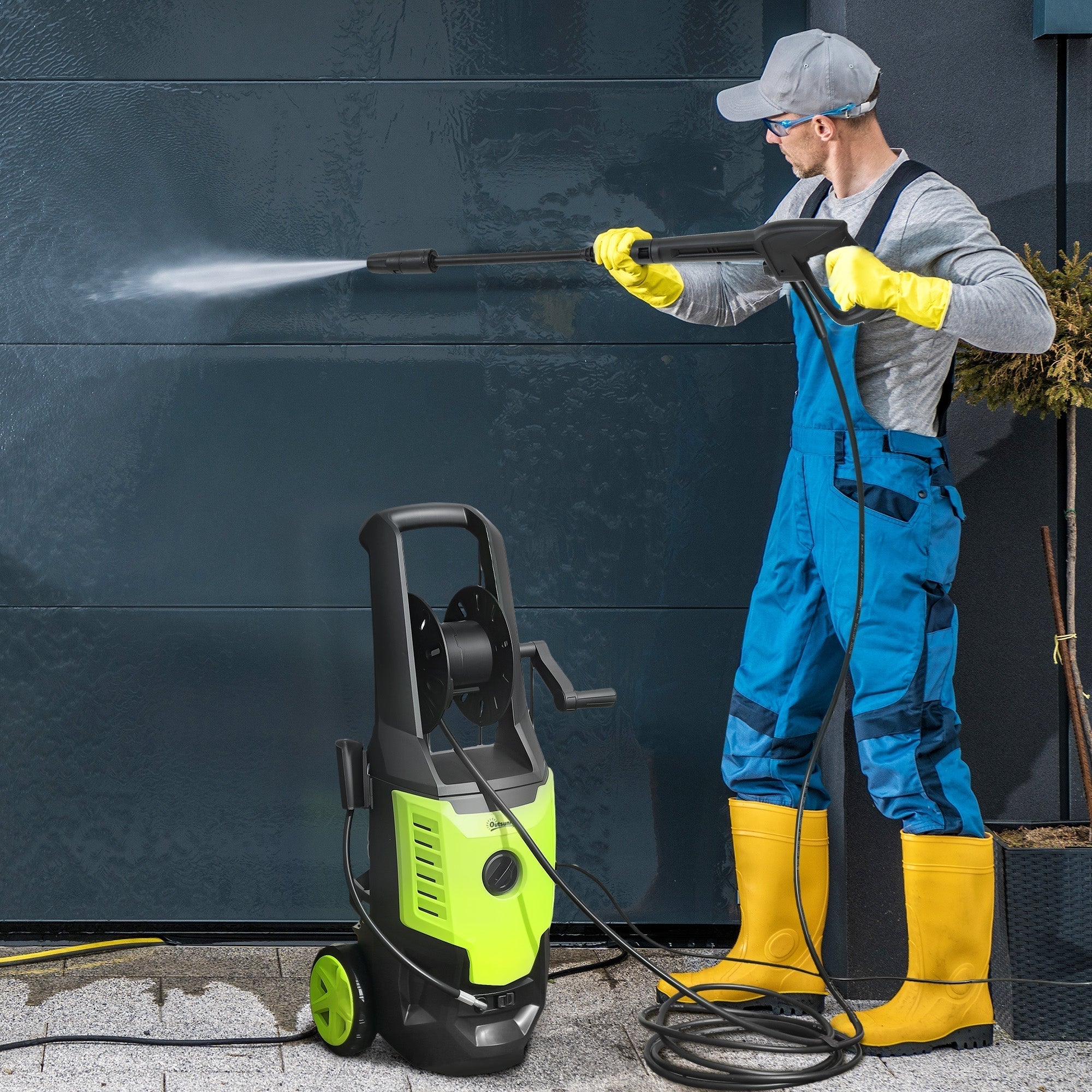 Outsunny bright green and black portable pressure washer with 170 bar pressure, spray gun, hose reel, and spray gun holder