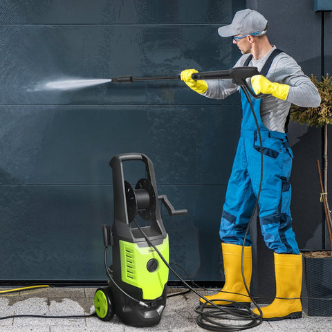 Outsunny bright green and black portable pressure washer with 170 bar pressure, spray gun, hose reel, and spray gun holder