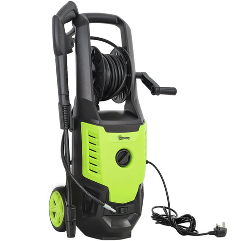 Outsunny black and lime green pressure washer with 170 bar pressure, spray gun holder, coiled hose, and wheels for home use