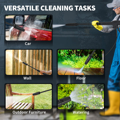 Black handheld Outsunny pressure washer with 170 bar pressure, spray gun, interchangeable nozzles, and spray gun holder