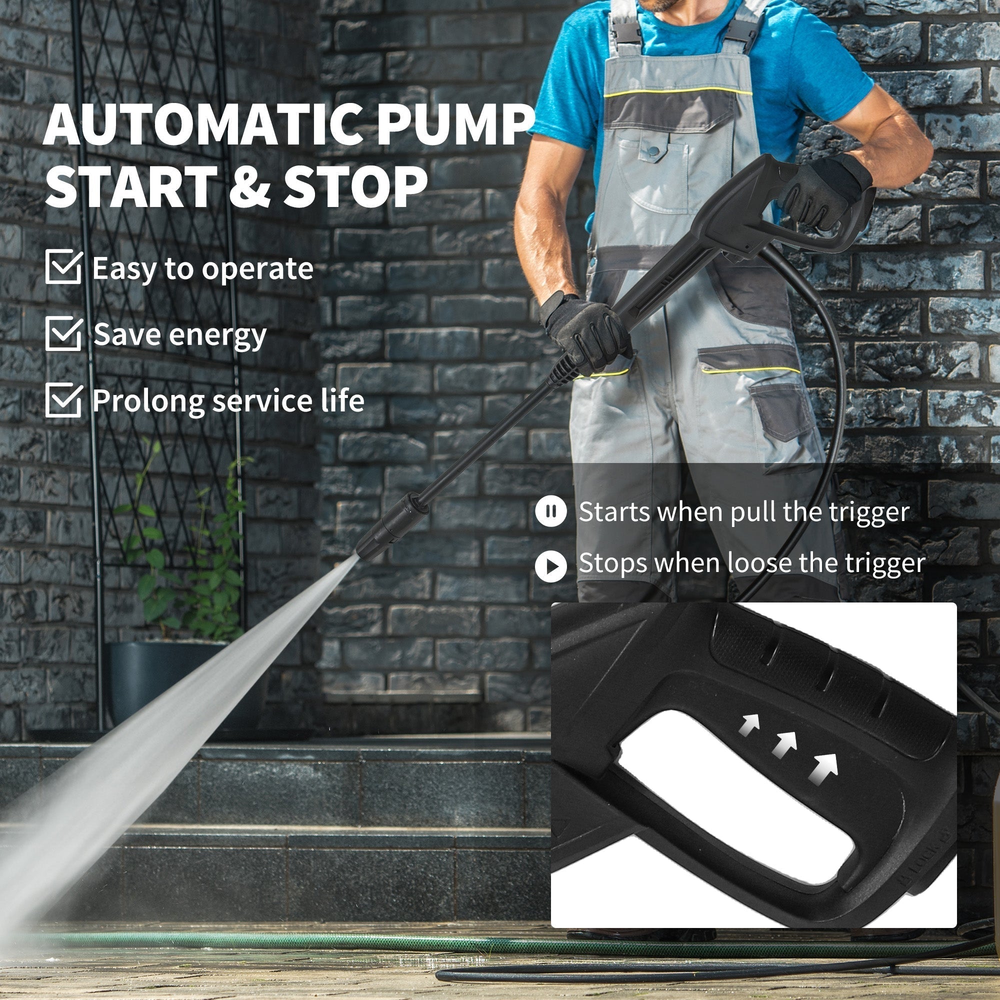 Black automatic pump start and stop spray gun with ergonomic grip for high bar pressure in Outsunny pressure washer