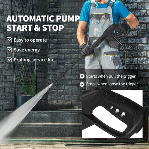 Black automatic pump start and stop spray gun with ergonomic grip for high bar pressure in Outsunny pressure washer