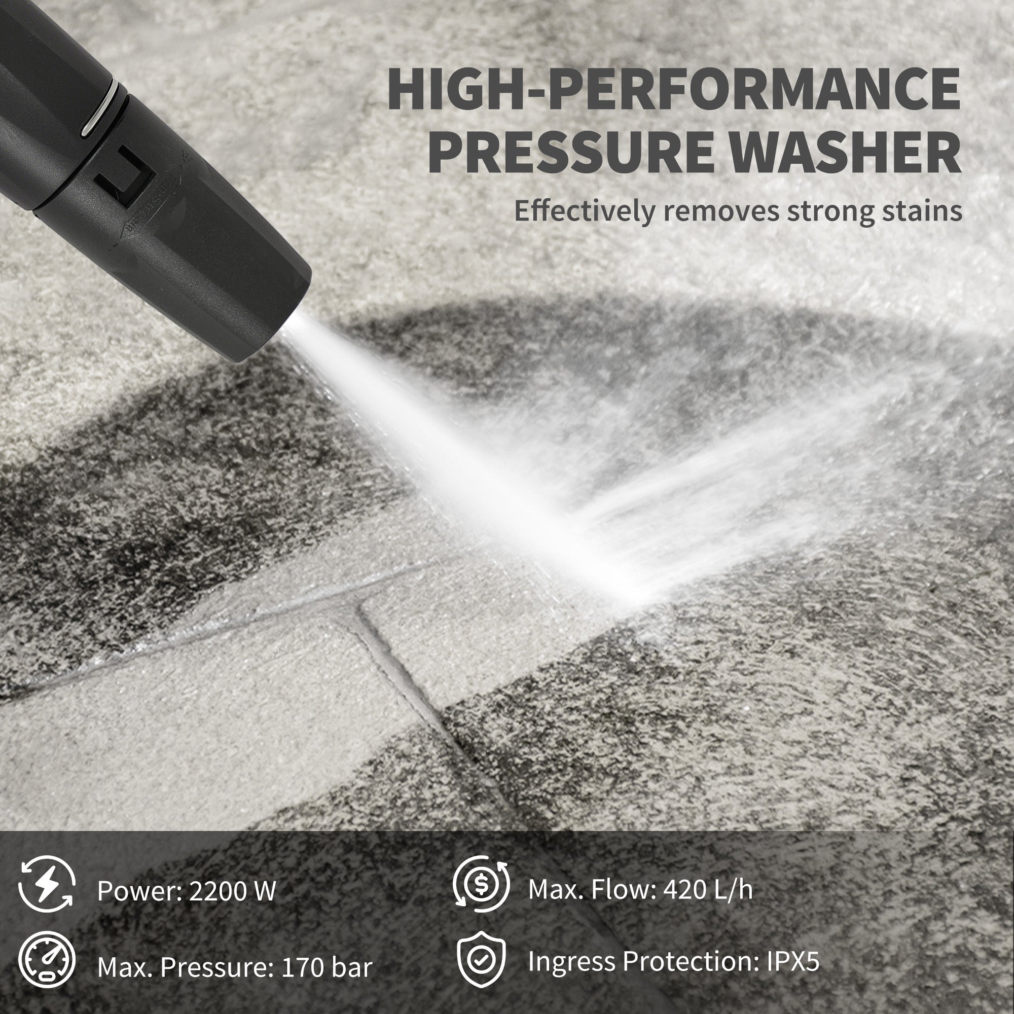 Black outsunny spray gun with 170 bar pressure spraying strong stains with spray gun holder and hose reel included