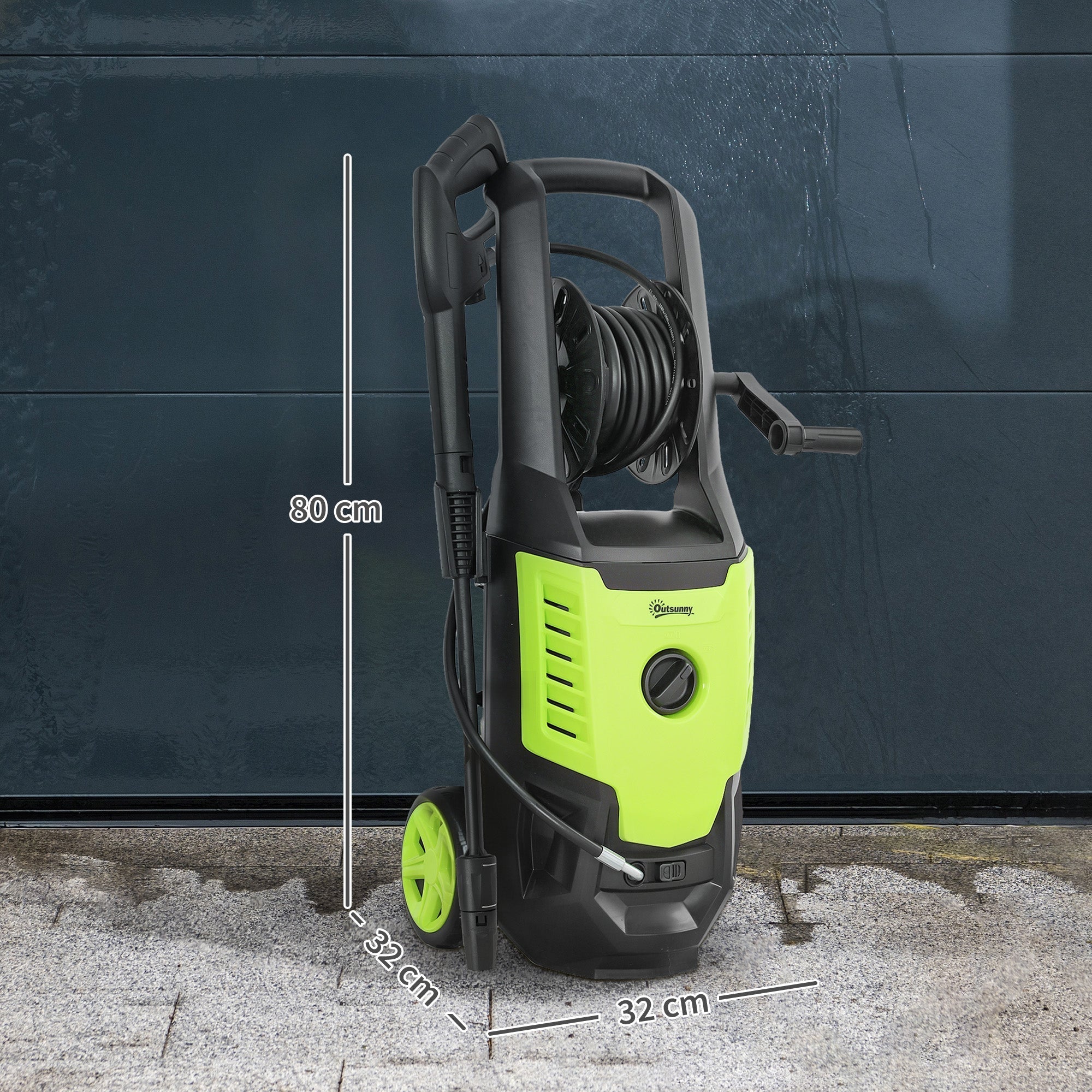 Outsunny lime green and black portable pressure washer with 170 bar pressure spray gun and convenient spray gun holder