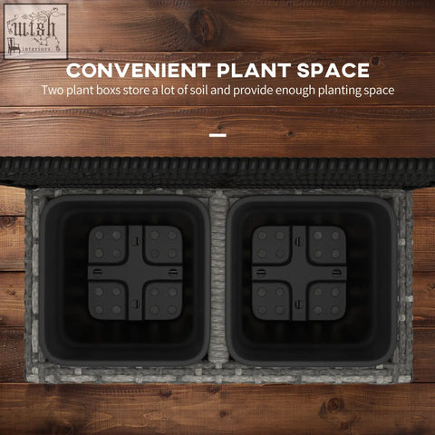 Two black plastic plant boxes with woven gray plastic wicker and strong core metal frame for easy gardening space