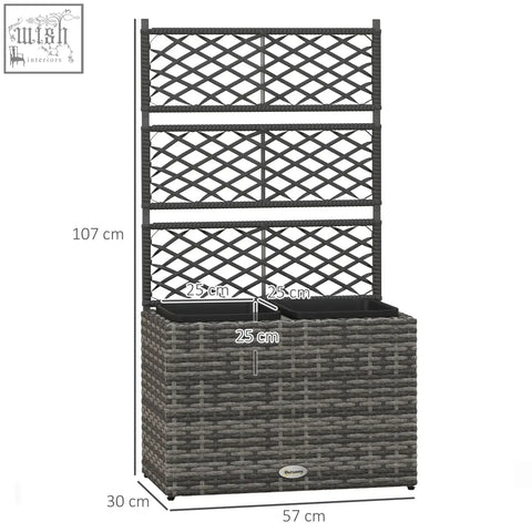 Gray woven plastic wicker planter with metal frame and strong core featuring lattice trellis and two black compartments