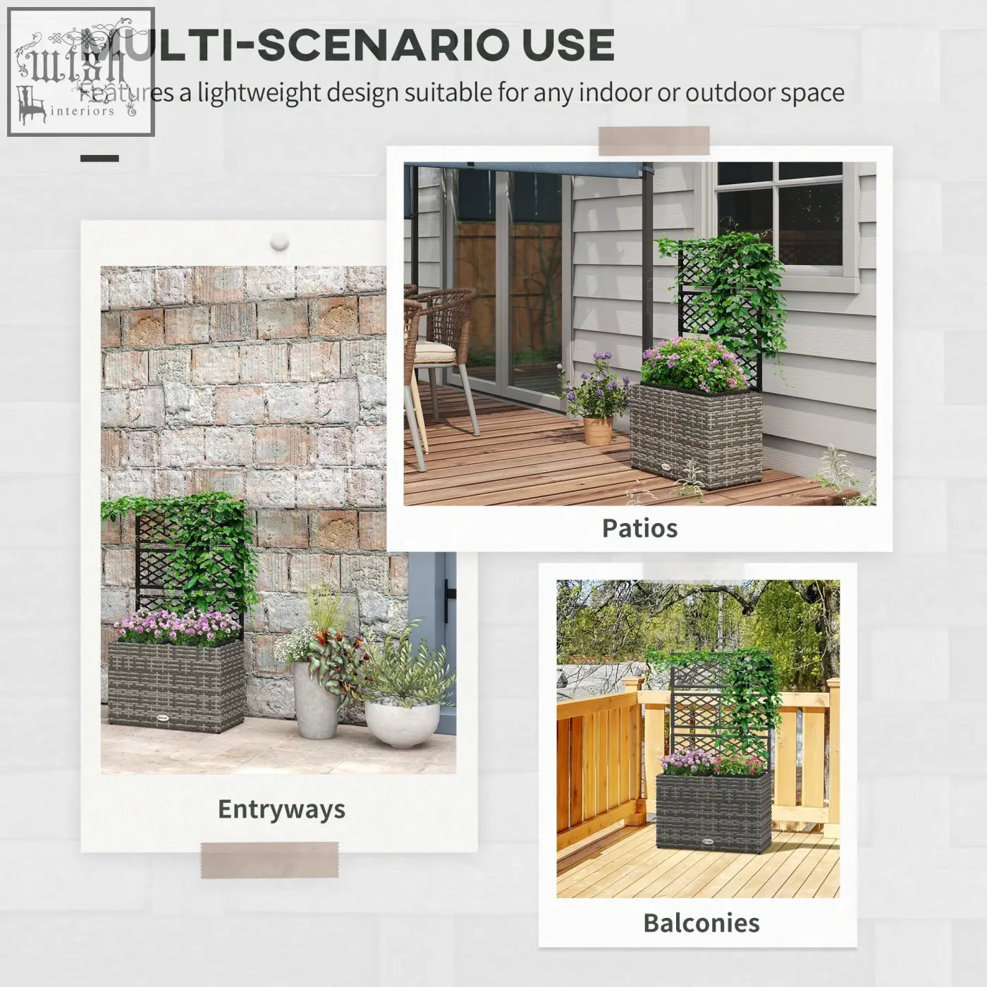 Woven gray plastic wicker planter box with lattice back panel and strong core metal frame for climbing plants