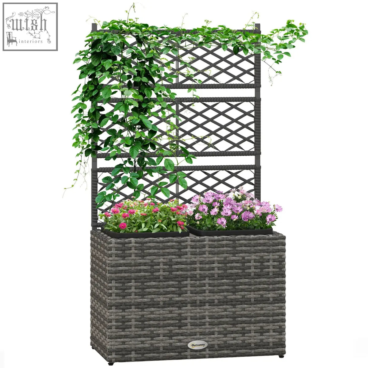 Gray woven plastic wicker planter with metal frame and strong core featuring lattice trellis and two flower beds with blooms