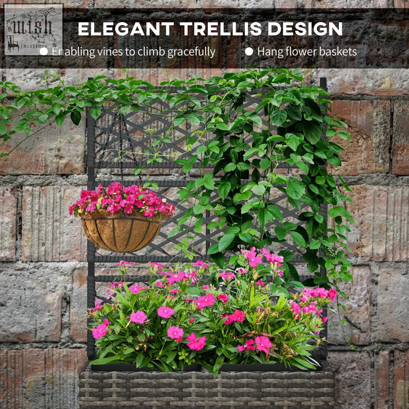 Outsunny 22l garden pe rattan planter with metal frame strong core black wrought iron trellis and plastic wicker basket
