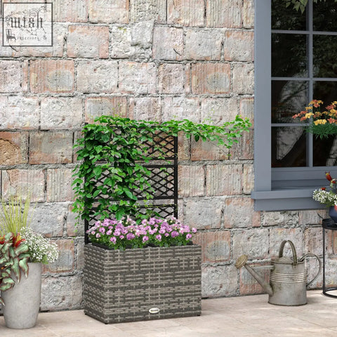 Gray woven plastic wicker planter with metal frame and black lattice trellis holding purple flowers for climbing plants