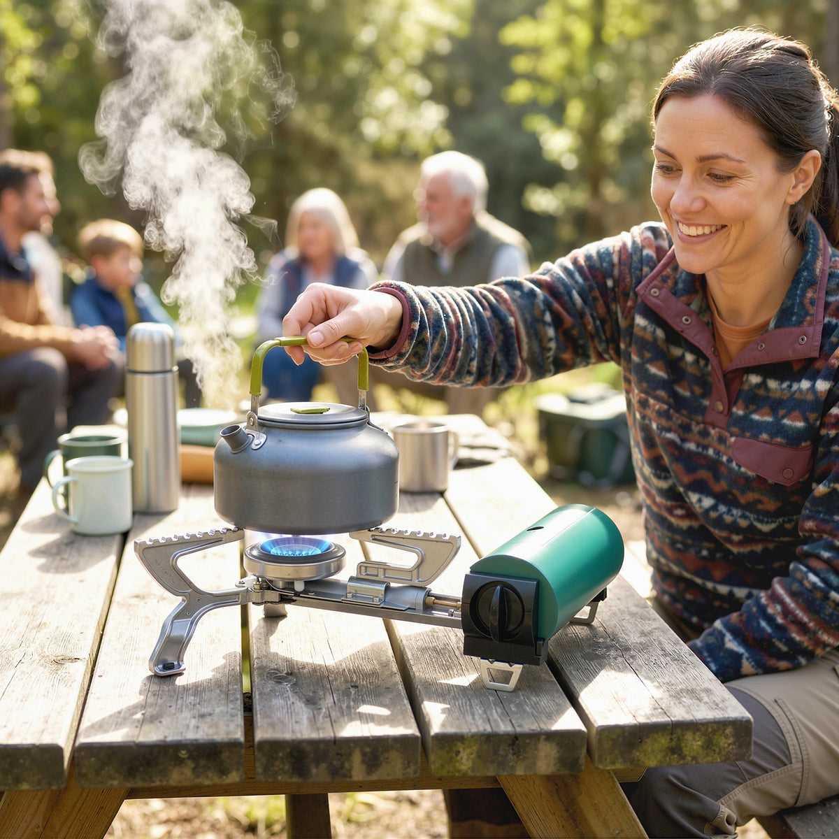 Gray camping kettle with green handle on outsunny foldable gas stove with patented auto shut-off and carry bag
