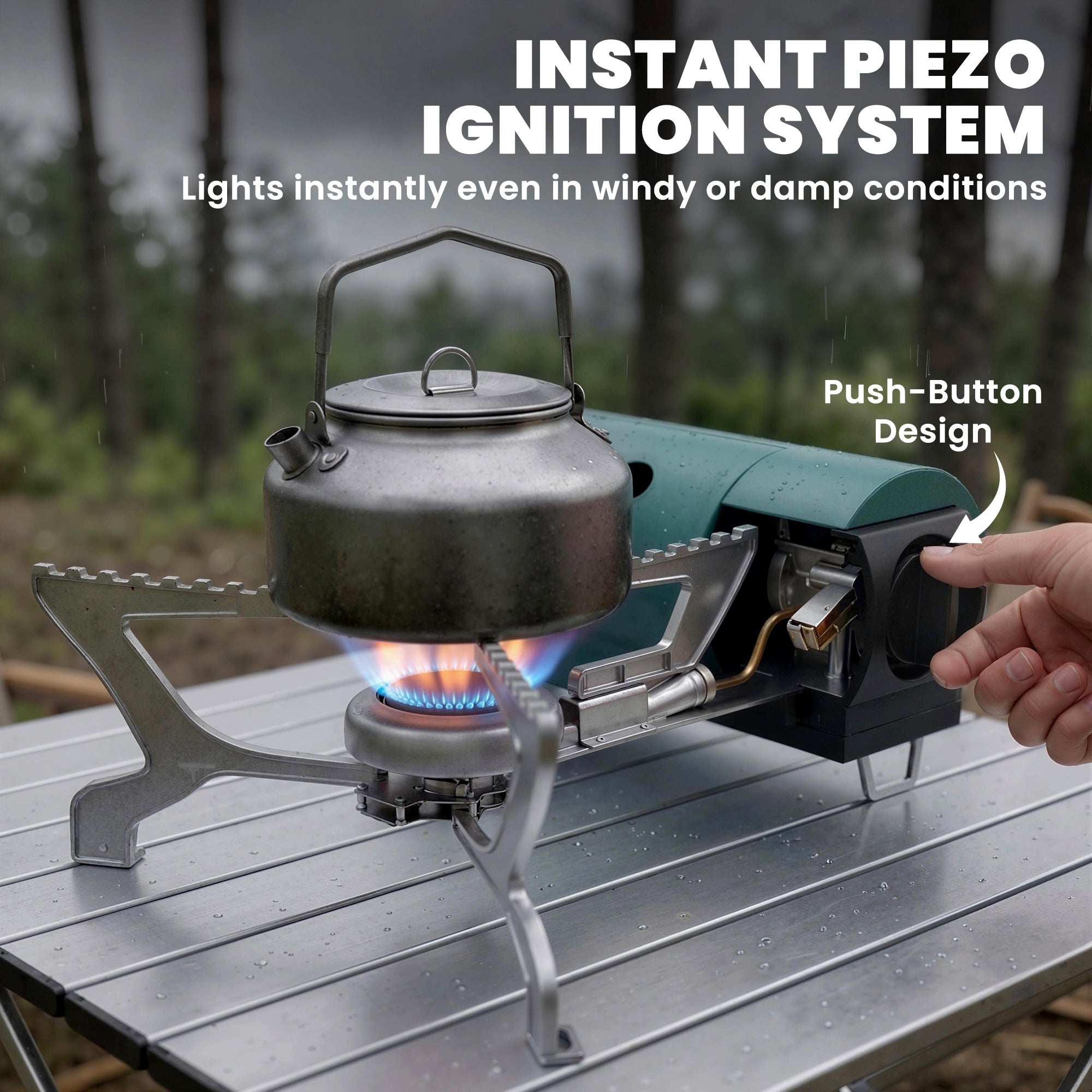 Outsunny 2670w foldable green gas stove with teal and black body features instant piezo ignition and patented auto shut-off