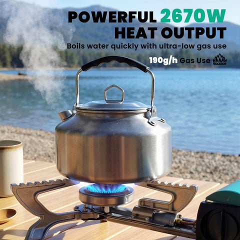 Silver stainless steel camping kettle boiling on green outsunny gas stove with patented auto shut-off and piezo ignition