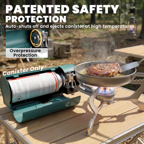Outsunny foldable teal and silver gas stove with patented auto shut-off and canister holder for outdoor camping use