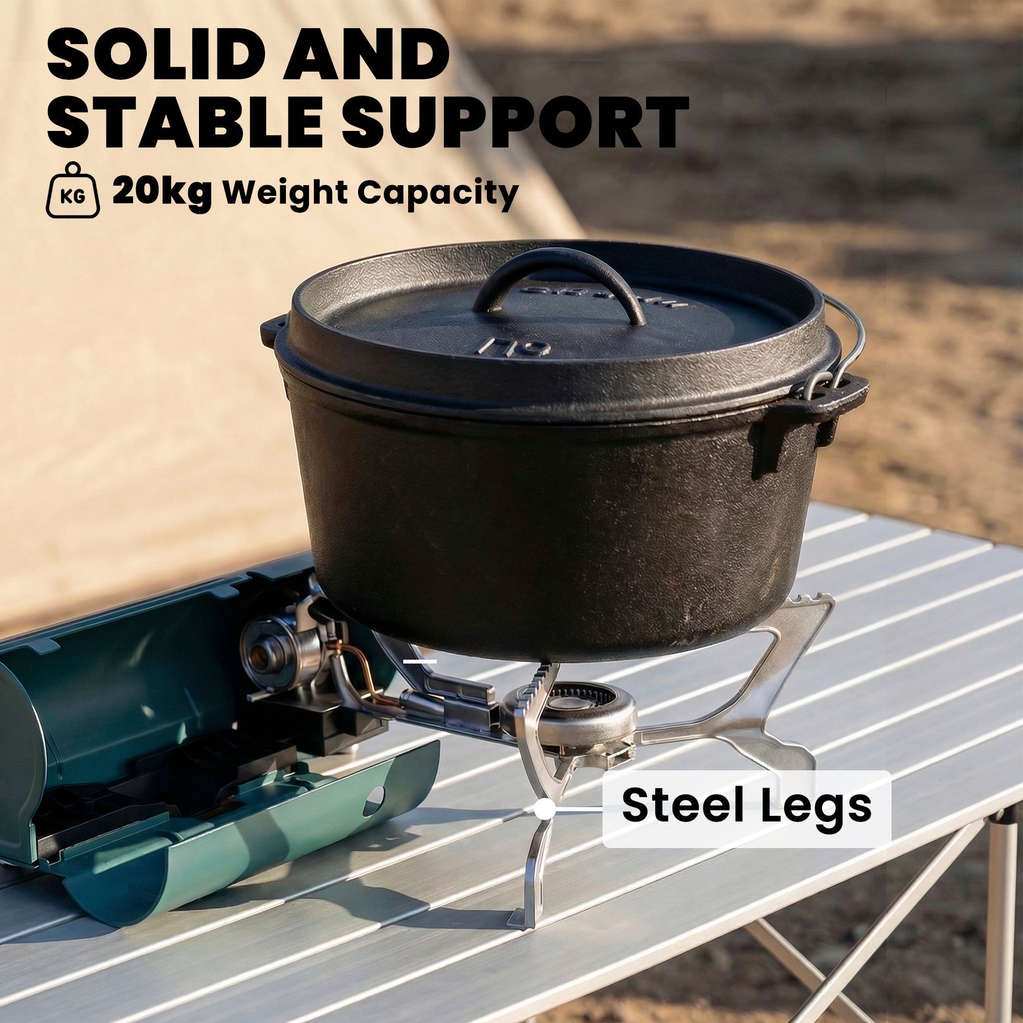 Black cast iron dutch oven with lid and side handles on steel legs on green outsunny gas stove with patented auto shut-off