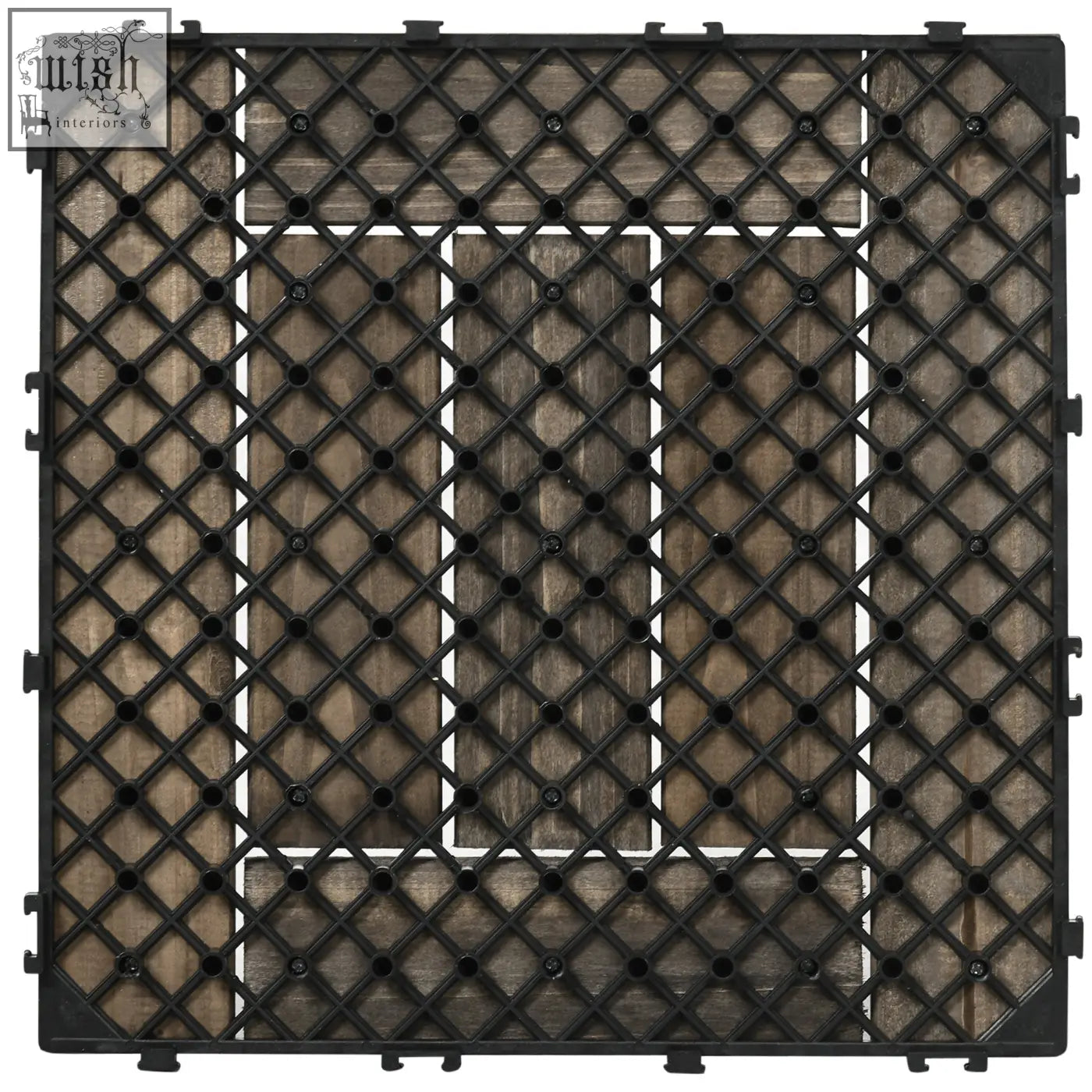 Black plastic interlocking patio tile with pvc bottoms and diamond grid over weathered solid wood e3 8e a1 panels