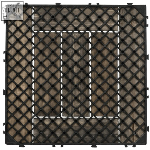 Black plastic interlocking patio tile with pvc bottoms and diamond grid over weathered solid wood e3 8e a1 panels