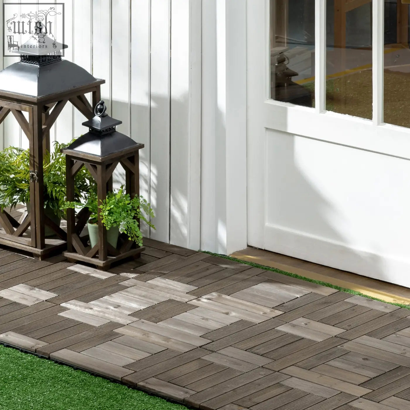 Dark brown wooden deck tiles in herringbone pattern with solid wood tops and pvc bottoms for outdoor use e3 8e a1