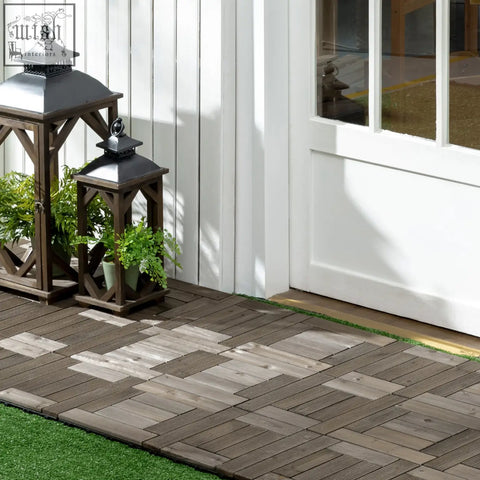 Dark brown wooden deck tiles in herringbone pattern with solid wood tops and pvc bottoms for outdoor use e3 8e a1