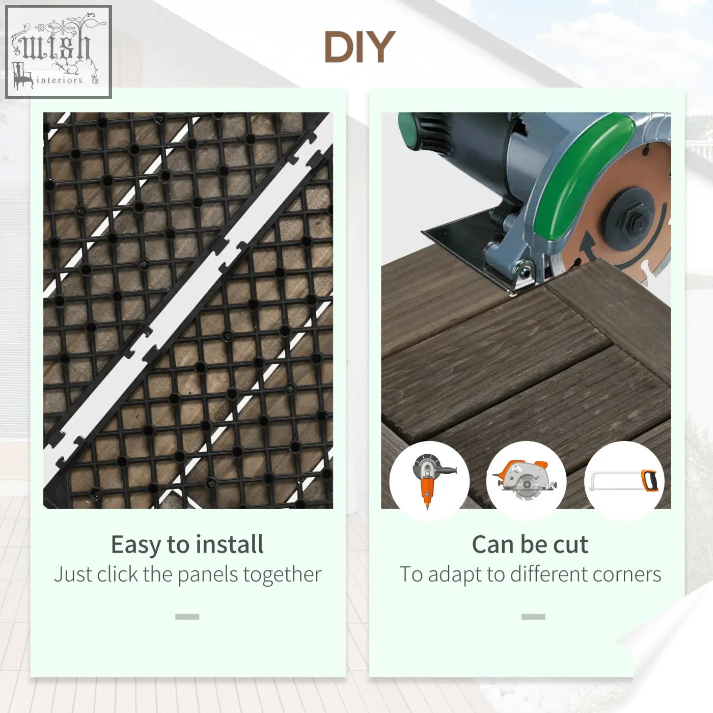 Black plastic interlocking e3 8e a1 deck panels with pvc bottoms and white adhesive strip for easy patio flooring install