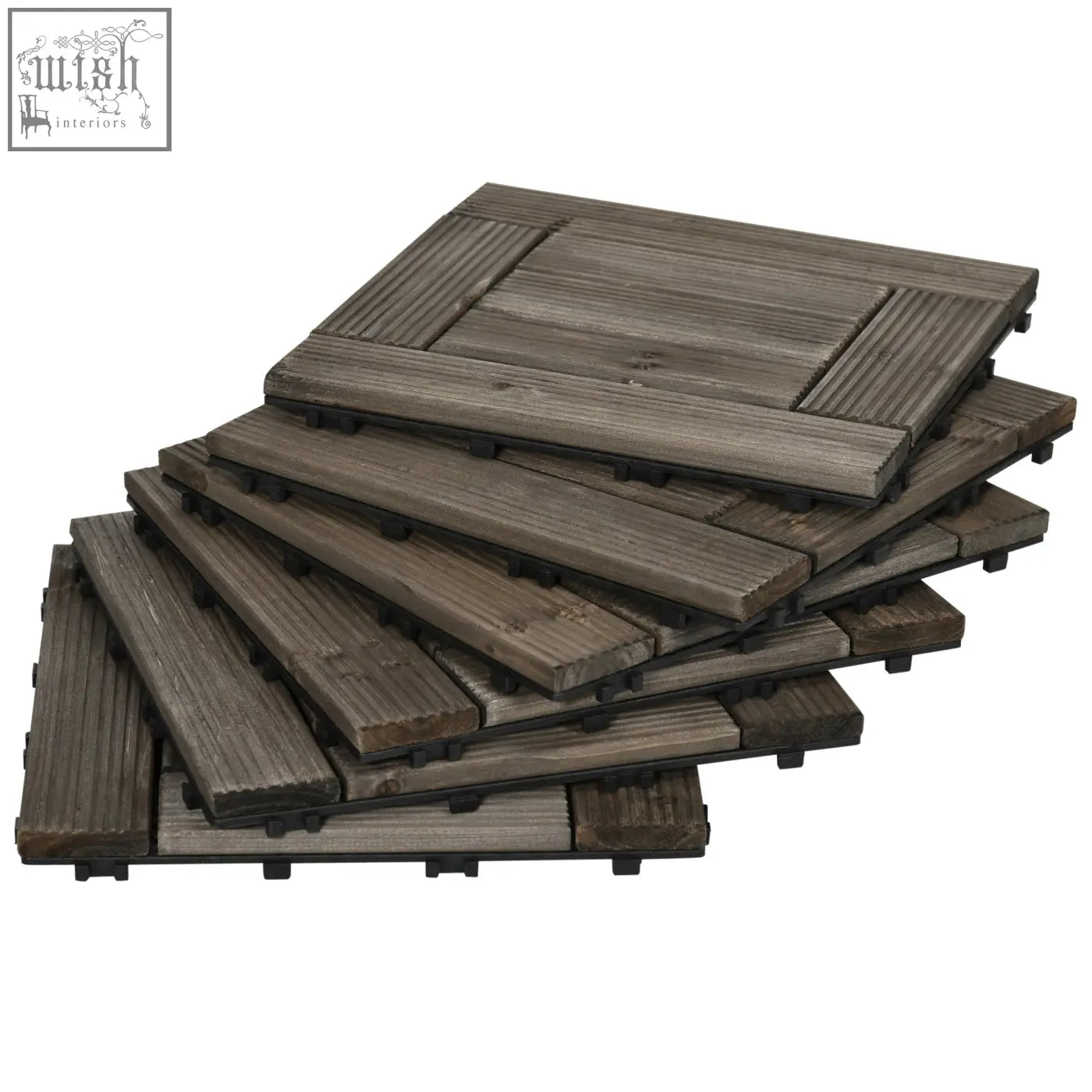Stack of outsunny 27 pcs charcoal grey solid wood interlocking patio deck tiles with pvc bottoms and e3 8e a1 connectors