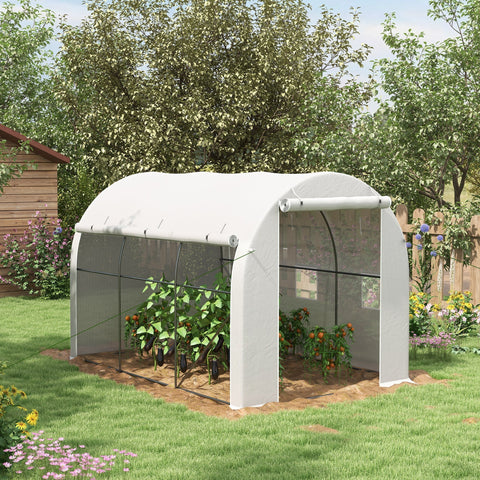 White arched outsunny greenhouse with transparent panels and black galvanised steel frame for gardening use