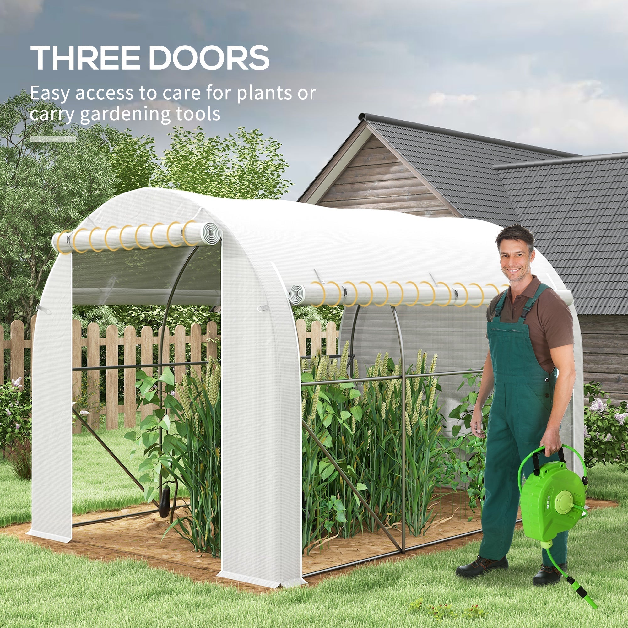 White arched outsunny polytunnel greenhouse with three doors and galvanised steel frame for garden use