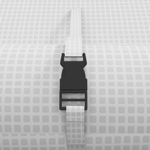 White mesh strap with black plastic buckle on Outsunny steel frame polytunnel greenhouse with galvanised steel frame