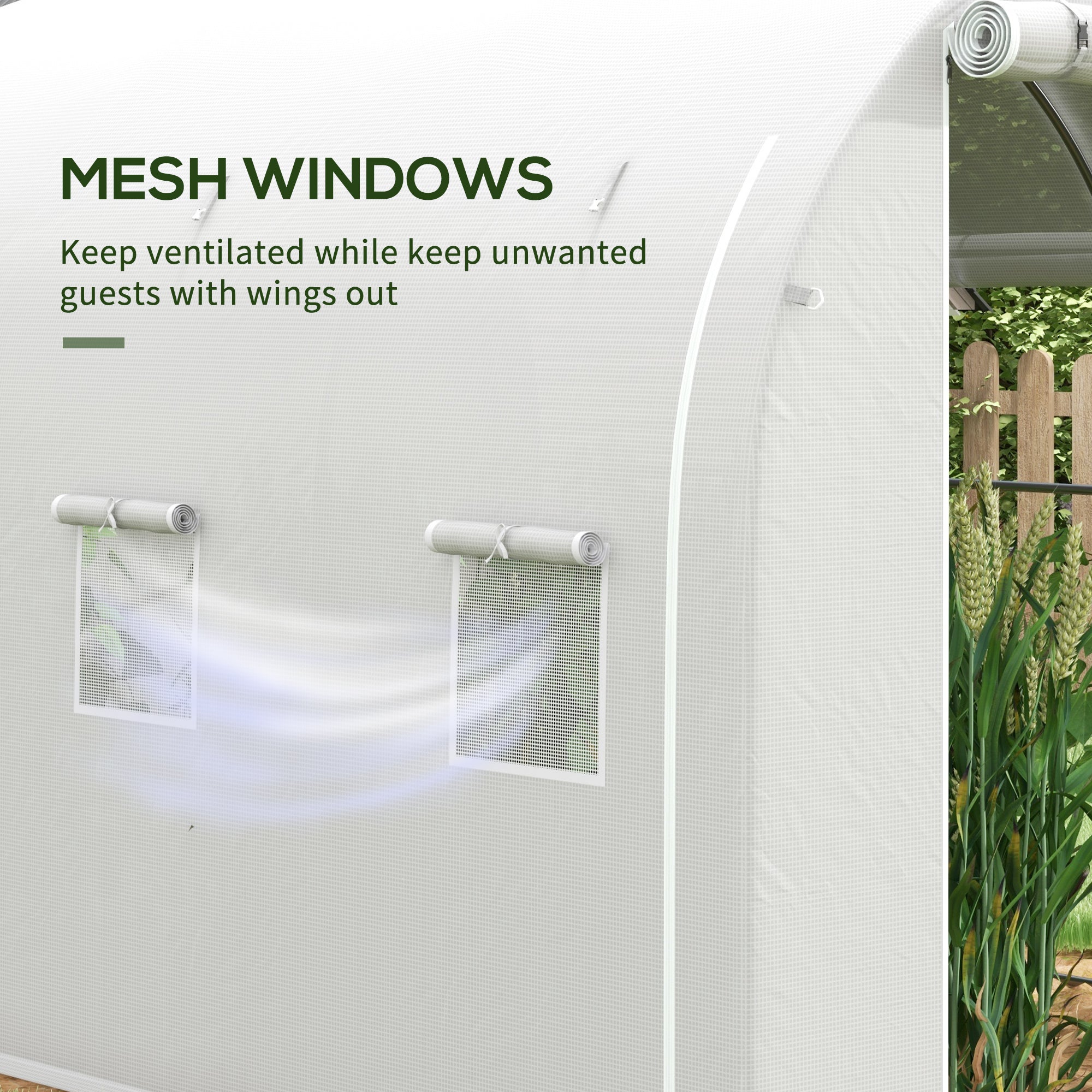 White mesh windows with roll-up mechanisms on the back of outsunny galvanised steel frame polytunnel greenhouse