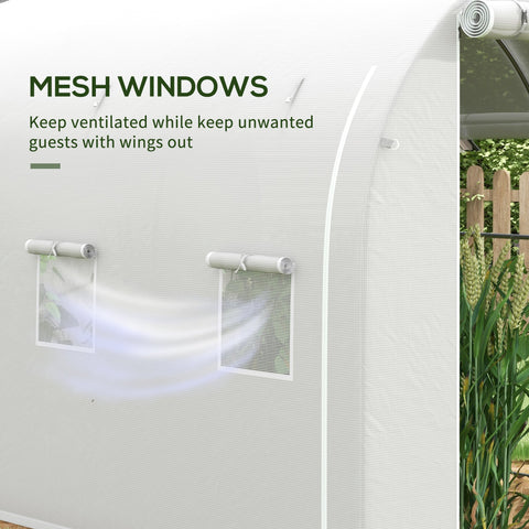 White mesh windows with roll-up mechanisms on the back of outsunny galvanised steel frame polytunnel greenhouse