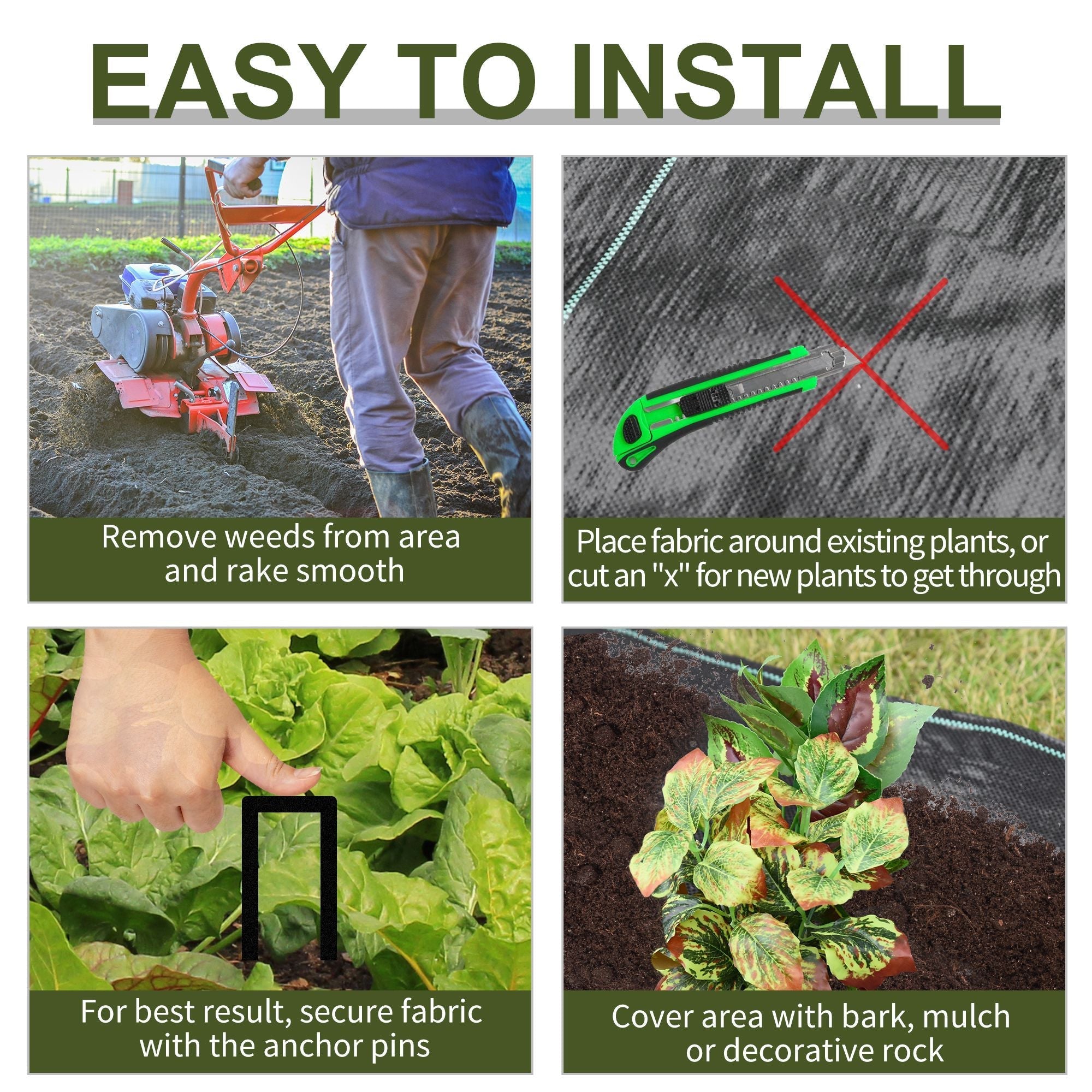 Black heavy duty weed control fabric membrane with reinforced edges and green utility knife for easy cutting