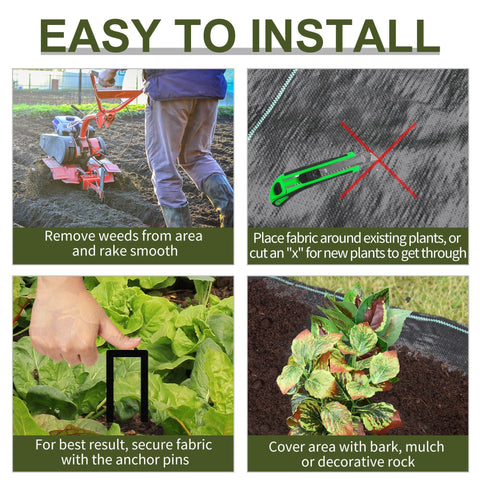 Black heavy duty weed control fabric membrane with reinforced edges and green utility knife for easy cutting