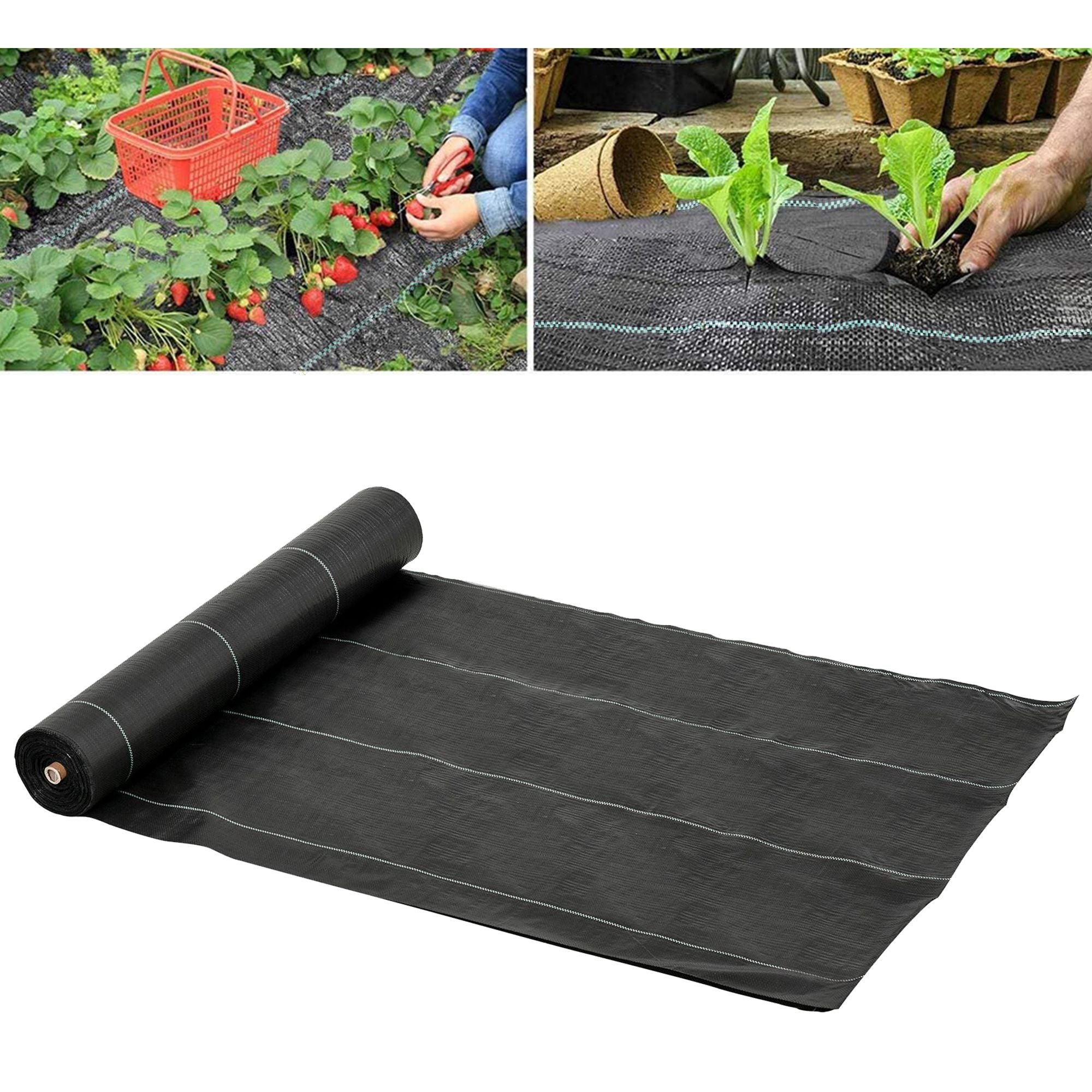 Black woven fabric heavy duty weed barrier with white stitching for garden patios and landscaping use