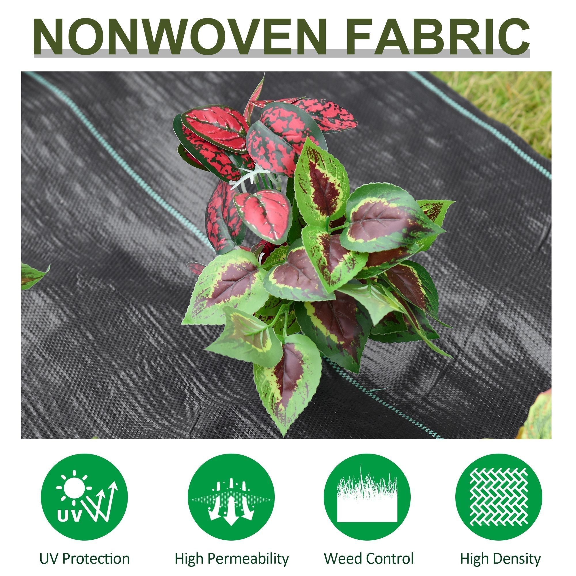 Black heavy duty weed control membrane fabric with green and red leaves pattern for garden and landscaping use