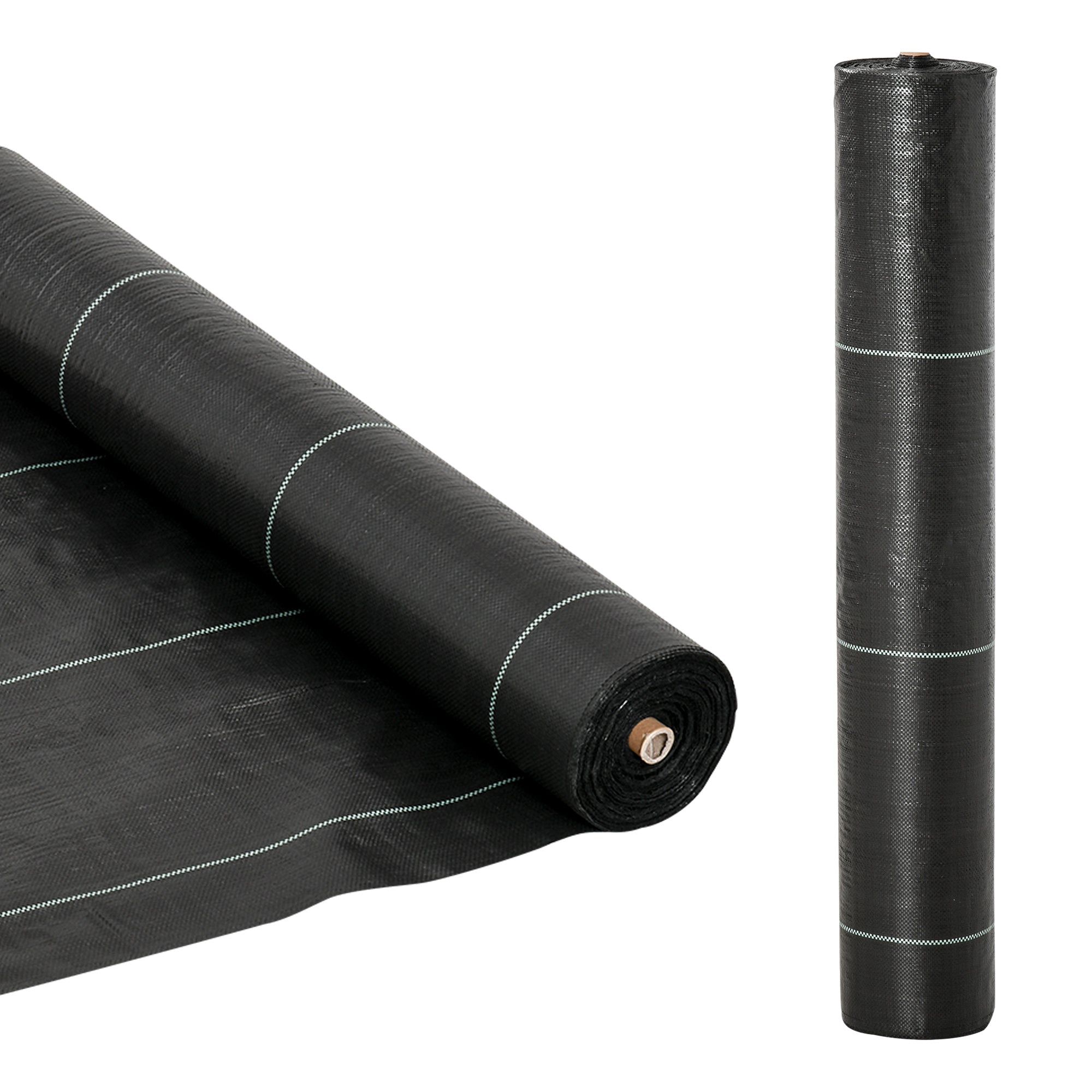 Black woven heavy duty weed barrier fabric with white stitching lines for garden weed control and landscaping use