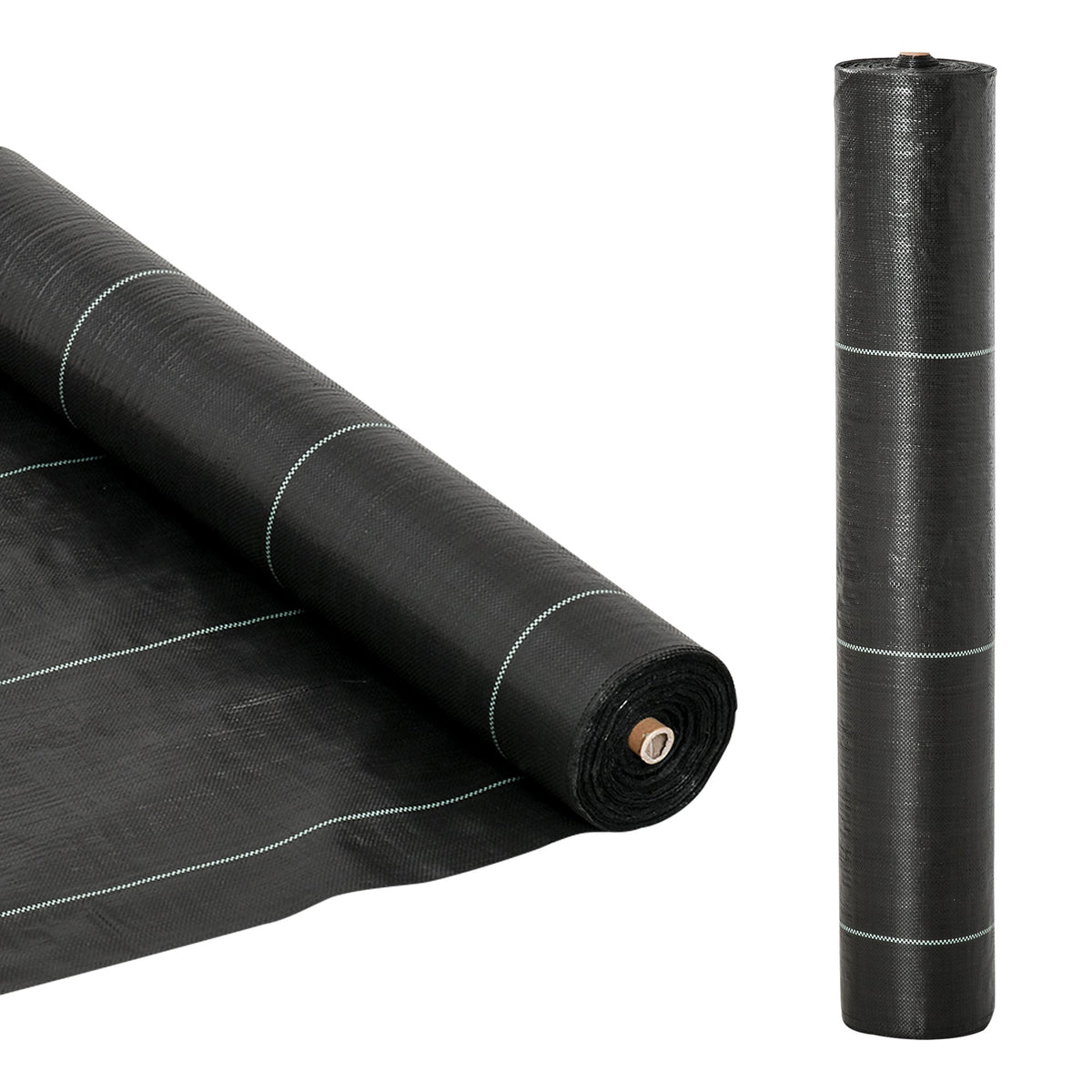 Black woven heavy duty weed barrier fabric with white stitching lines for garden weed control and landscaping use