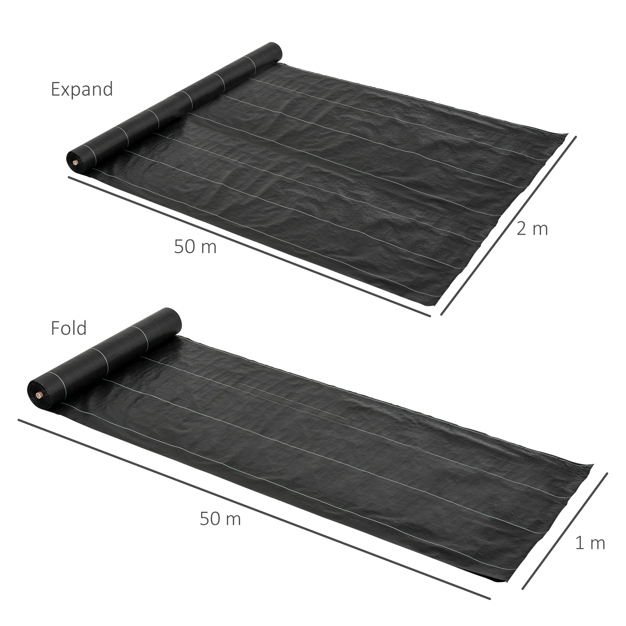 Black 2m x 50m heavy duty weed control barrier fabric with white stitching lines for garden and landscaping use