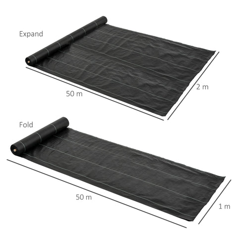 Black 2m x 50m heavy duty weed control barrier fabric with white stitching lines for garden and landscaping use
