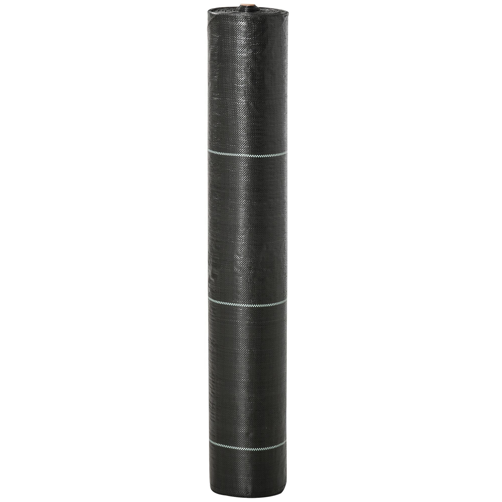 Black woven heavy duty weed control membrane roll with white stitching lines for garden and landscaping use