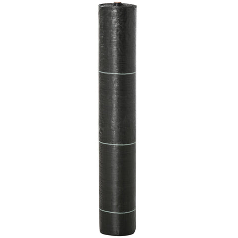 Black woven heavy duty weed control membrane roll with white stitching lines for garden and landscaping use