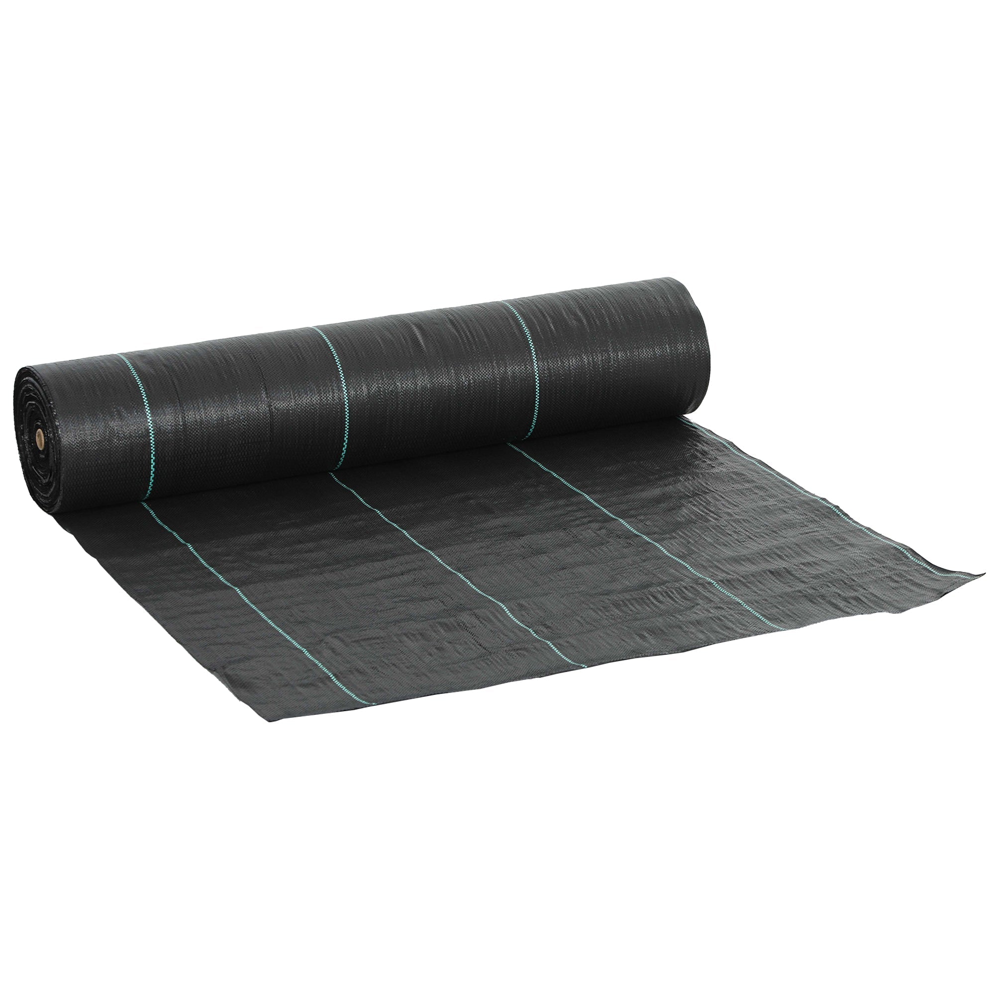 Black roll of outsunny heavy duty weed control membrane with green stitching lines for garden and landscaping use